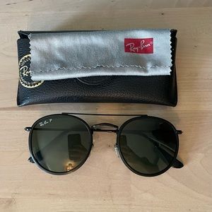 Ray Ban Round Double Bridge Polarized Green Classic Lenses with Black Frame